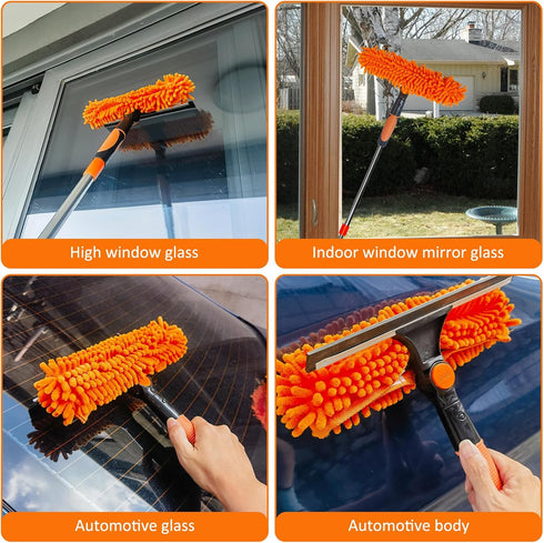 20+ Feet Reach Window Washing Squeegee & Duster with 3-14 ft Extension Pole, Indoor Outdoor Window Cleaning Tool