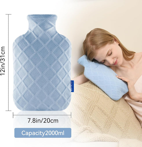 Hot Water Bottle with Soft Cover - 2L Bag for Hot and Cold Therapies for Sore Muscles and Cramps (Blue)