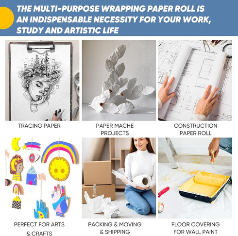 White Wrapping Paper Roll, 17.6"x1200" Bulletin Board Paper for Kids Art Supplies, Father's Day Gift Wrap