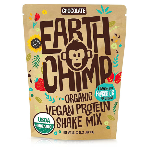 EarthChimp Organic Vegan Protein Powder, Non-GMO, Dairy-Free, Plant-Based with Probiotics, 26 Servings, 32 Oz