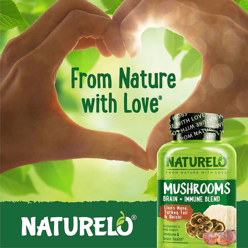 NATURELO Mushroom Supplement for Brain & Immune Health with Lion’s Mane, Reishi, Turkey Tail - 90 Vegan Capsules