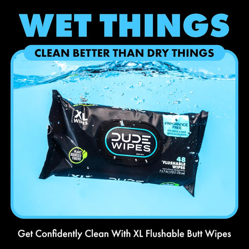 DUDE Wipes Flushable Wipes, 3 Pack of 144 Unscented Extra-Large Adult Wet Wipes with Vitamin-E & Aloe