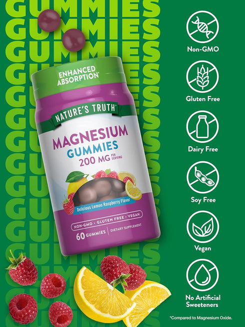 Nature's Truth Magnesium Gummies, 200mg, 60 Count, Vegan, Non-GMO, Gluten Free, Enhanced Absorption Magnesium Citrate