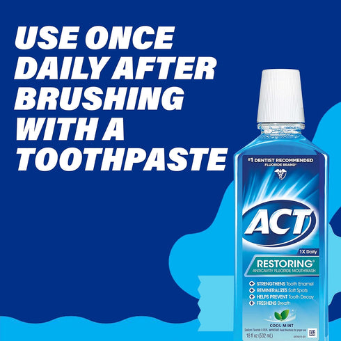 ACT Restoring Fluoride Mouthwash, 18 fl. oz., Strengthens Tooth Enamel, Cool Mint