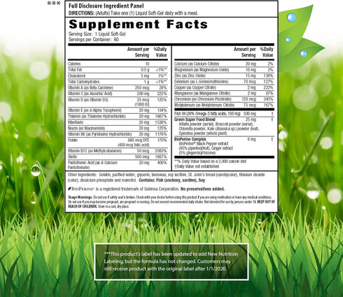 Irwin Naturals Only One Liquid-Gel Multi - No Iron Daily Essential Vitamins, Minerals, Antioxidants, Omega-3 & Green Super Foods - 60 Liquid Softgels