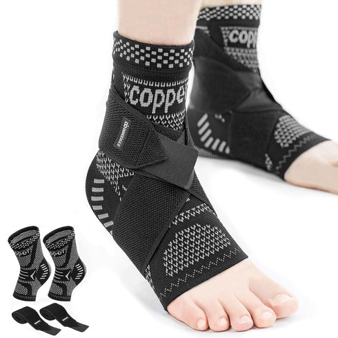 INDEEMAX Ankle Brace for Sprained Ankle, Copper Infused Compression Sleeve for Plantar Fasciitis, Silver Black, L