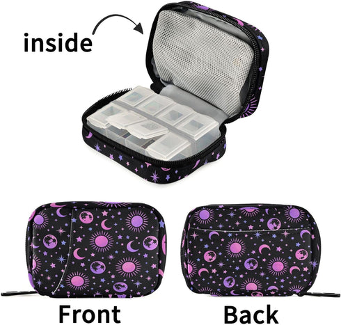Travel Pill Organizer Bag Weekly Pill Organizer Case Moon Sun Stars Portable Small Daily Pill Boxes for Vitamin Fish