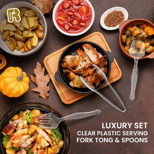 18 Pcs Clear Plastic Serving Utensils Set - 6 Serving Spoons, 6 Tongs, 6 Forks - Heavy Duty Disposable for Parties