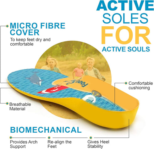Fun Kids Orthotic Shoe Insoles, Pair for Children’s Heel Pain, Flat Feet, Growing Pains, Toddler 5-7, Yellow