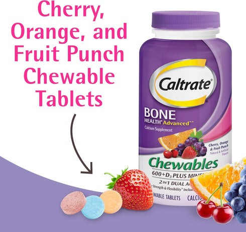 Caltrate Chewables 600 +D3 Plus Minerals, Sugar Free, Cherry, Orange & Fruit Punch, 90 Count