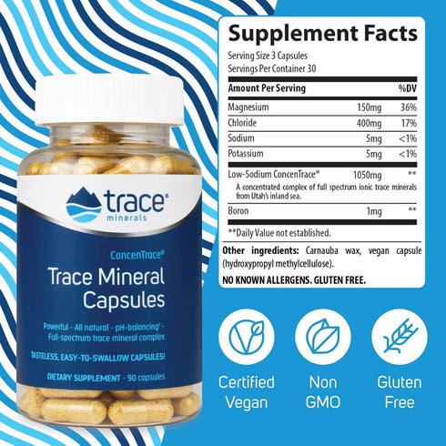 "Trace Minerals | ConcenTrace Capsules |Daily Magnesium and Potassium Supplement | Certified Vegan, Non-GMO, Gluten-free | Tasteless | 90 Capsules (Pack of 1) "