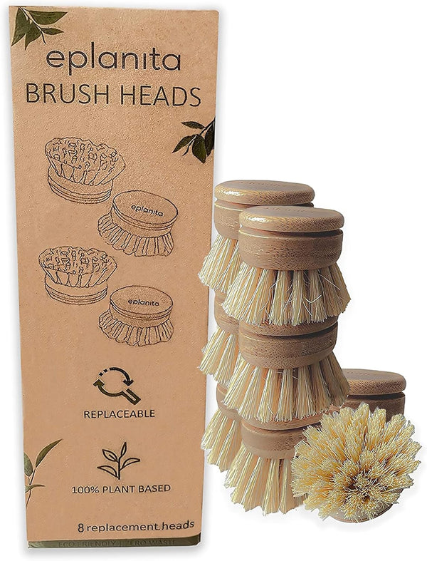 Replacement Brush Heads (Pack of 8) for Bamboo Dish Brush, Sisal Bristle Refills, Agave Cactus Fibres, Kitchen Eco