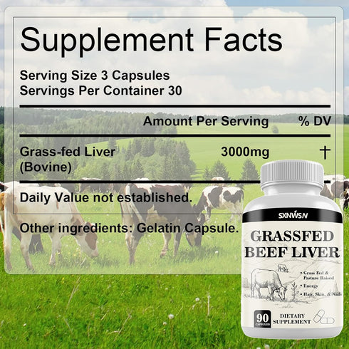 SXNWSN Immunity 3000mg 90ct Grass Fed Beef Liver Capsules - Supports Energy Production, Detoxification, Digestion