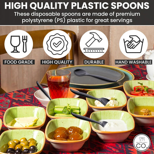 C&S Event Supply Co. 10" Plastic Serving Utensils, Disposable Spoons for Weddings, Catering, Bulk 12 Pack - Black