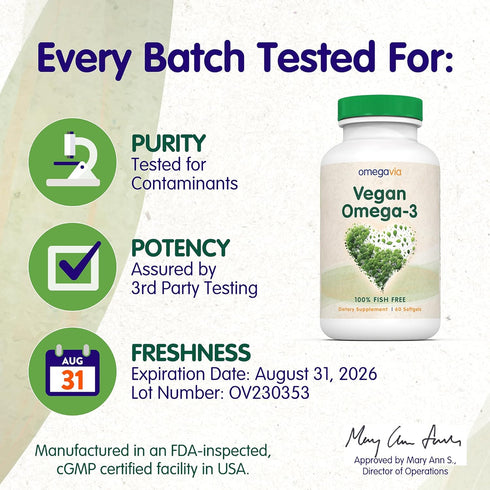 OmegaVia Vegan Omega 3 Supplement, 60 Softgels, 300mg Vegan DHA Omega-3 Fatty Acids, Plant Based, IFOS 5 Star Tested