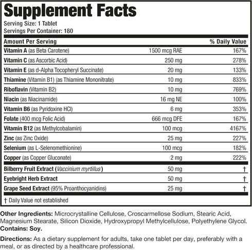 Bronson ONE Daily Vision Complete Eye Health Support Multivitamin - 180 Tablets
