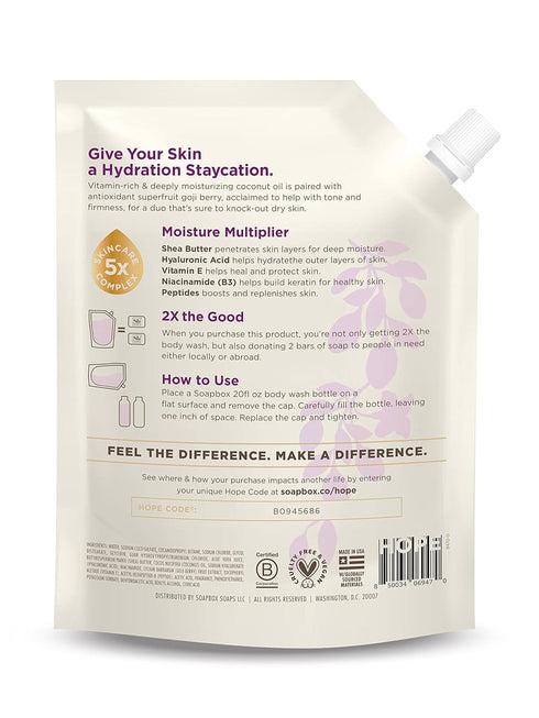 Soapbox Body Wash Refill, Coconut + Goji Berry, Vegan Moisturizing Body Wash Refill Pouch, 40oz Size