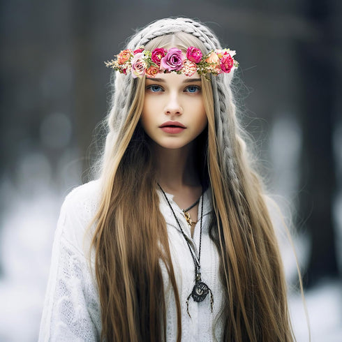 Vivivalue Pink Rose Flower Crown Boho Headband, Floral Halo for Wedding Party Festival Photos