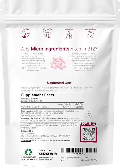 Micro Ingredients Vitamin B12 | Methyl B12 Active Form – 240 Chewable Tablets | Fast Dissolve, Natural Strawberry