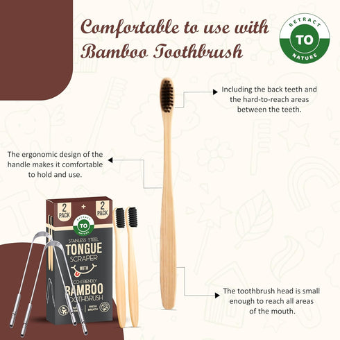Eco-Friendly Tongue Scraper (2 Pack) with Bamboo Toothbrush (2 Pack) I Stainless Steel Cleaners for Fresher Breath.