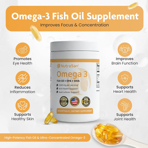 NUTRASAN 3 2640mg 30 3 60 Omega Fish Oil Supplement - Servings EPA + DHA Omega for Women & Men - Supports Heart, Brain