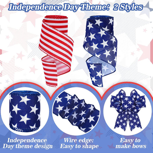 Whaline Patriotic Wired Edge Ribbon, 2 Rolls, Stars Stripes Craft Ribbon for 4th of July, Independence Day, DIY Crafts