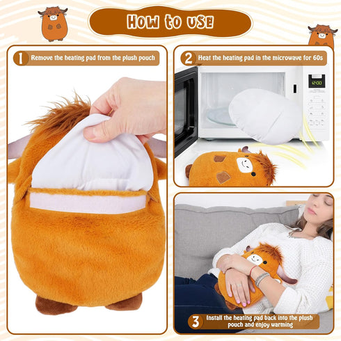 Pack Microwave Heating Pad for Period Cramp,Microwavable Heating Pad Stuffed Animal for Women Mother' Day,Highland Cow