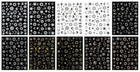 JMEOWIO 10 Sheets Moon Star Sun Nail Art Stickers, Colorful Self-Adhesive Decals for Nail Design Accessories