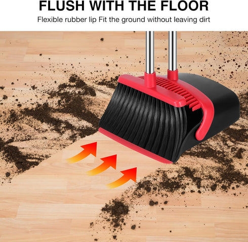 Broom and Dustpan Set, 52-in Long Adjustable Handle Broom with Dustpan Teeth for Home Kitchen Office Floor (Black&Red)