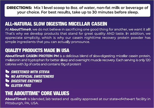 About Time Casein Protein Chocolate, 2lb, 19g Protein, Nighttime Recovery Formula, No Artificial Sweeteners