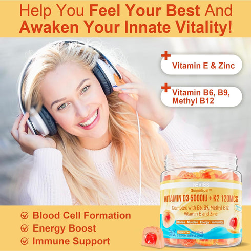 Vitamin D3 5000IU + K2 (MK-7) 120mcg, Sugar-Free Gummies with Vitamin B Complex, Supports Bone & Immune Health