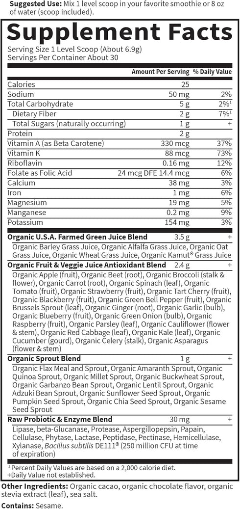 Garden of Life Raw Organic Perfect Food Green Superfood Powder - Chocolate, 30 Servings, 10.05 oz - Non-GMO, Vegan