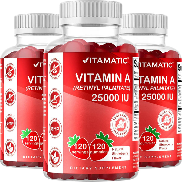Vitamatic Sugar Free Vitamin A 25000 IU Gummies, Natural Strawberry Flavor, 120 Gummies