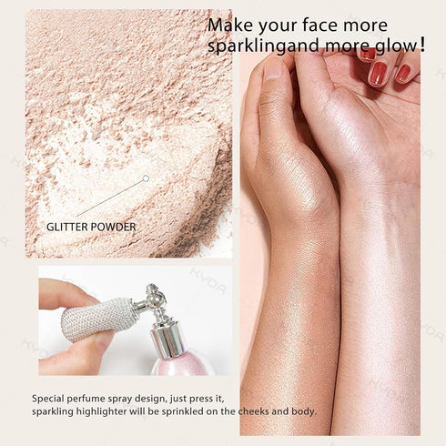 KYDA Highlighter Powder Spray, High Gloss Glitter Makeup, Soft Pink Shimmer Sparkling Powder