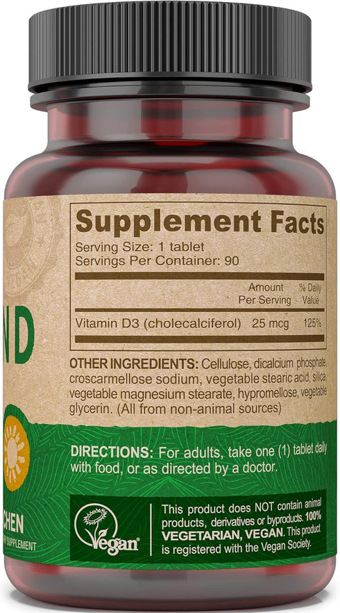 DEVA Vegan Vitamin D3 Supplement - 1000 IU Cholecalciferol, Lichen Plant Derived - Once-Per-Day Tablet, 90 Small