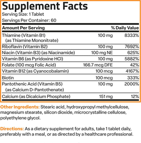 Bronson Vitamin B 100 Complex, High Potency Sustained Release, 60 Tablets (Vitamin B1, B2, B3, B6, B9, B12)