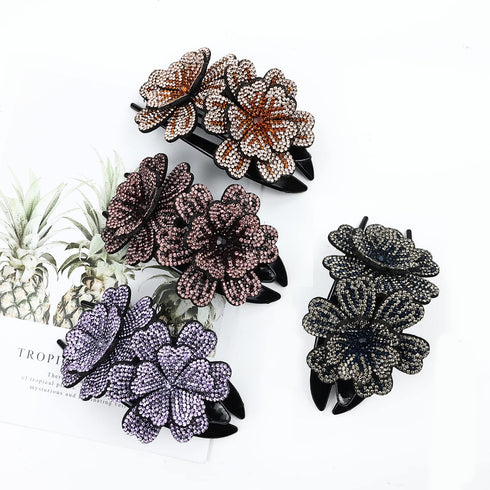inSowni 4 Pack Luxury Fancy Gems - Korean Decorative Glitter Crystals Double Flower Hair Claws for Women Girls
