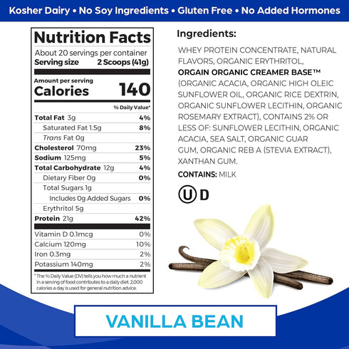 Orgain Whey Protein Powder, Vanilla Bean, 21g Grass Fed Dairy Protein, 5g BCAAs, 1.82lb