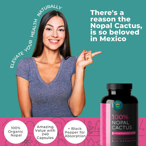Nopal Cactus Capsules 1500mg — Organic Sun-Dried Prickly Pear Cactus Powder and Black Pepper Extract for Absorption — Natural Prickly Pear Extract Non-GMO Capsules — 240 Capsules