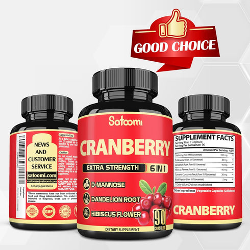 Satoomi 6in1 Cranberry Pills for Women - 90 Veggie Capsules, 3-Month Supply, 6 Herbal Ingredients Extract