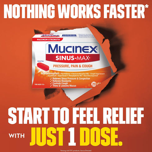 Mucinex Maximum Strength Sinus-Max Caplets - 20 ct for Minor Aches, Pains, Headache & Congestion Relief