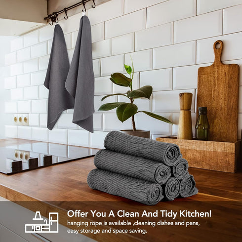 PY HOME & SPORTS 8 Pack Cotton Waffle Weave Kitchen Towels, 17 x 25, Super Absorbent Dark Grey Dish Cloths