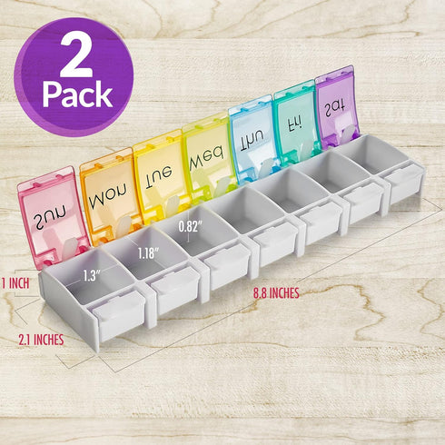 Weekly Pill Organizer, Pack of 2, Colorful 7-Day Easy Push Button Assisted Open for Seniors, BPA Free Daily Travel Pill