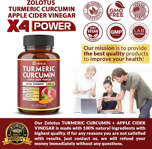 7 in 1 Turmeric Curcumin + Apple Cider Vinegar Capsules, 4080mg Equivalent, 3 Month Supply, Joint & Absorption Support