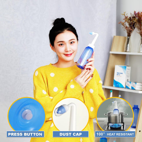 2PCS-PACK Sinus Rinse Bottle with 4 Sprayer + 1 Moisturizing Nasal Pump - 300ml Nasal Irrigation Kit for Adults and