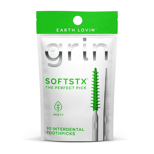 Grin Softstx Gentle Dental Picks, 90 Count, Soft Flexible Bristles, Minty Flavor, for Between Teeth