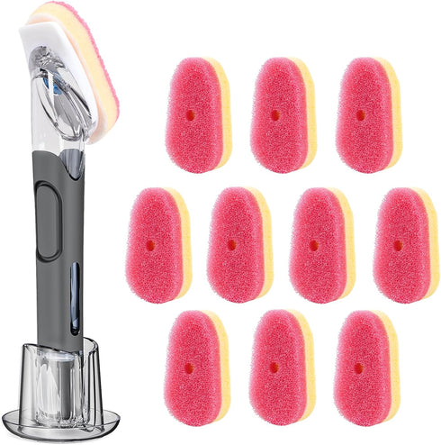 Soap Dispensing Replacement Dish Brush Storage Set with 10 PCS Sponge Refills