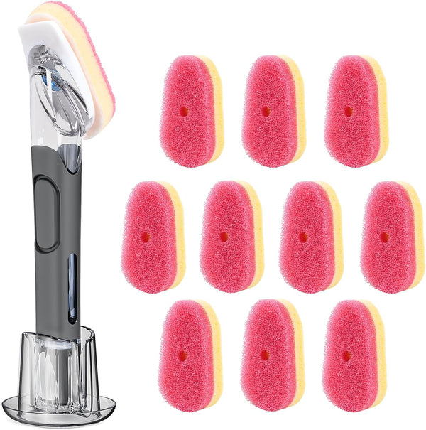 Soap Dispensing Replacement Dish Brush Storage Set with 10 PCS Sponge Refills