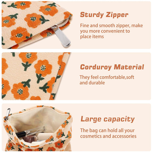 2Pcs Daisy Flower Makeup Bag, Large Floral Cosmetic Pouch Set for Women, Portable Toiletry Bag