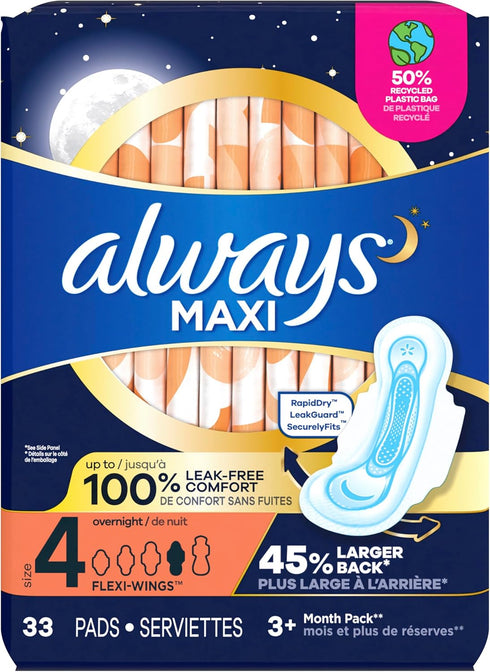 Always Maxi Pads Size 4, Overnight Absorbency, Unscented, 33 Count